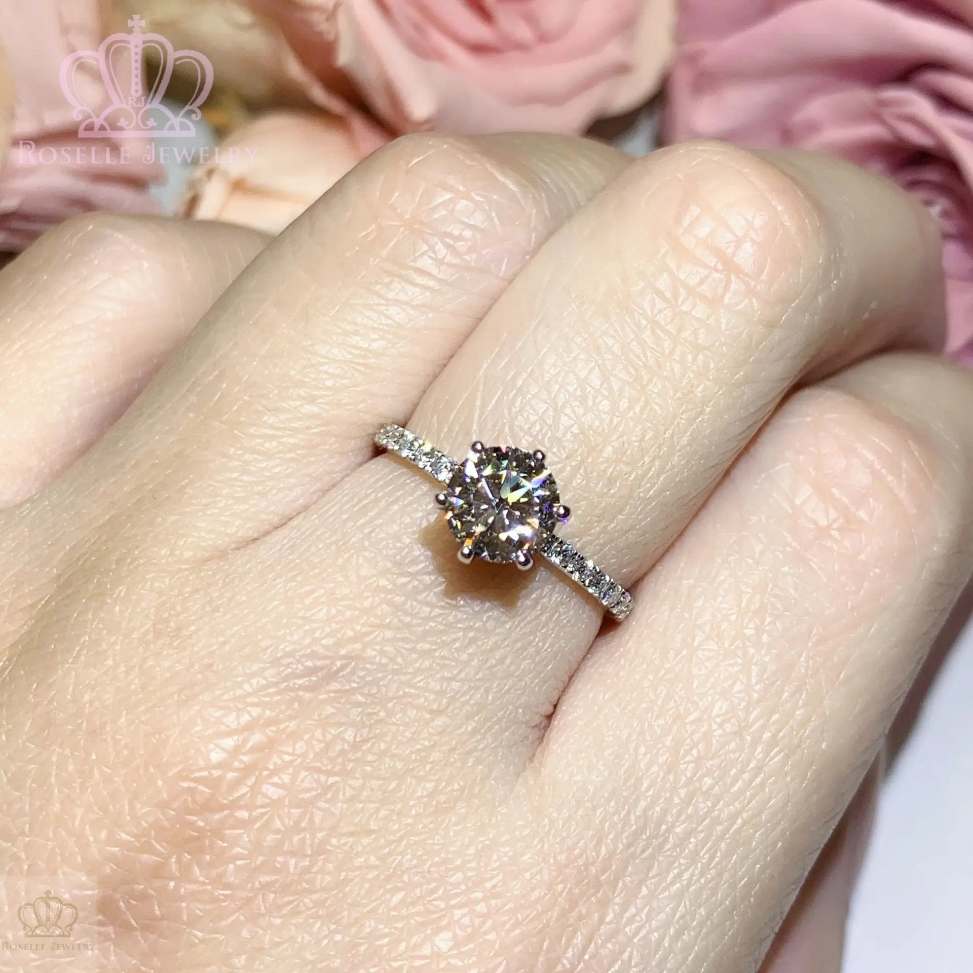 1.00CT Six Prong Lab Grown With Side Stone Diamond Ring - KT31 - Roselle Jewelry