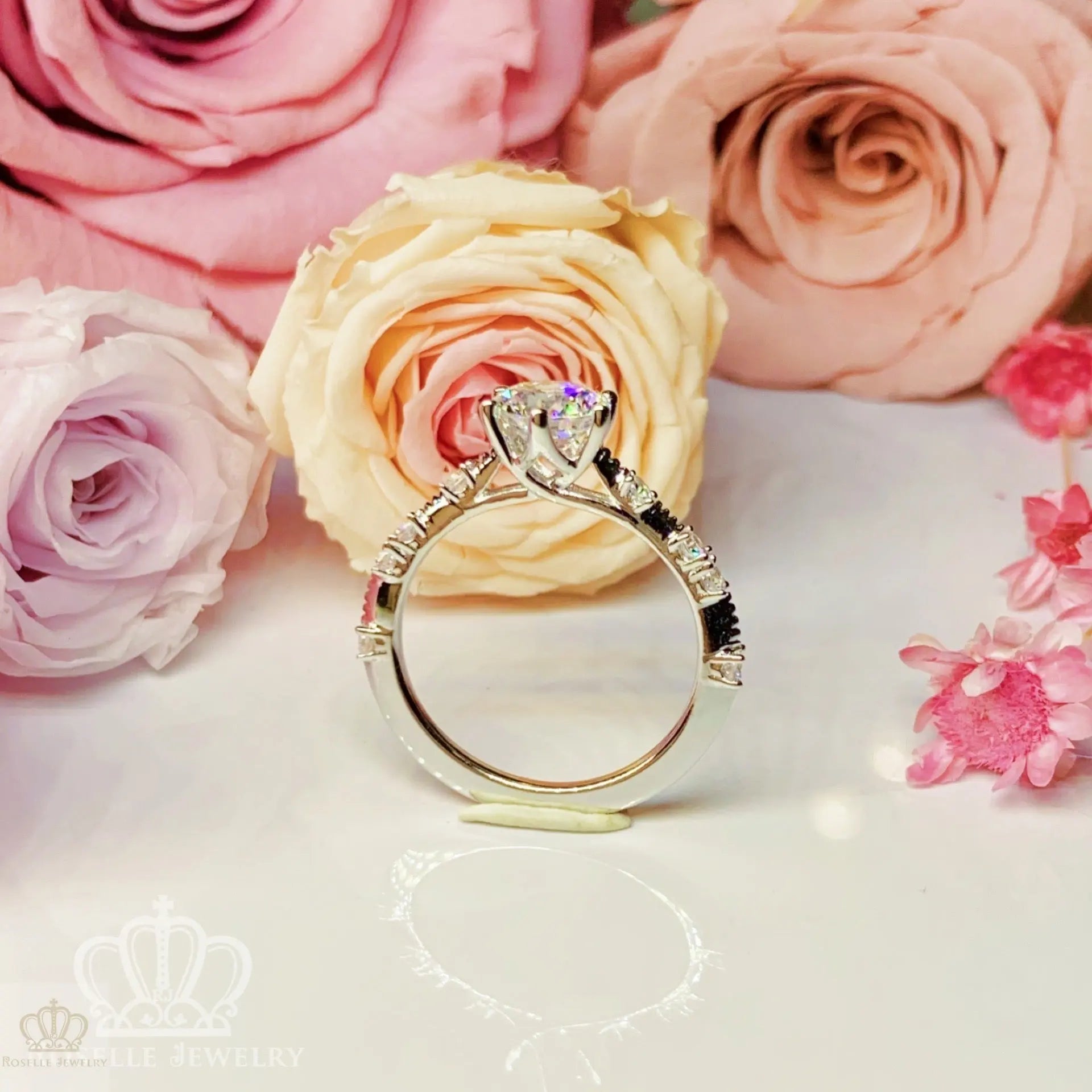 Six Prong Side Stone Engagement Ring - T3 - Roselle Jewelry