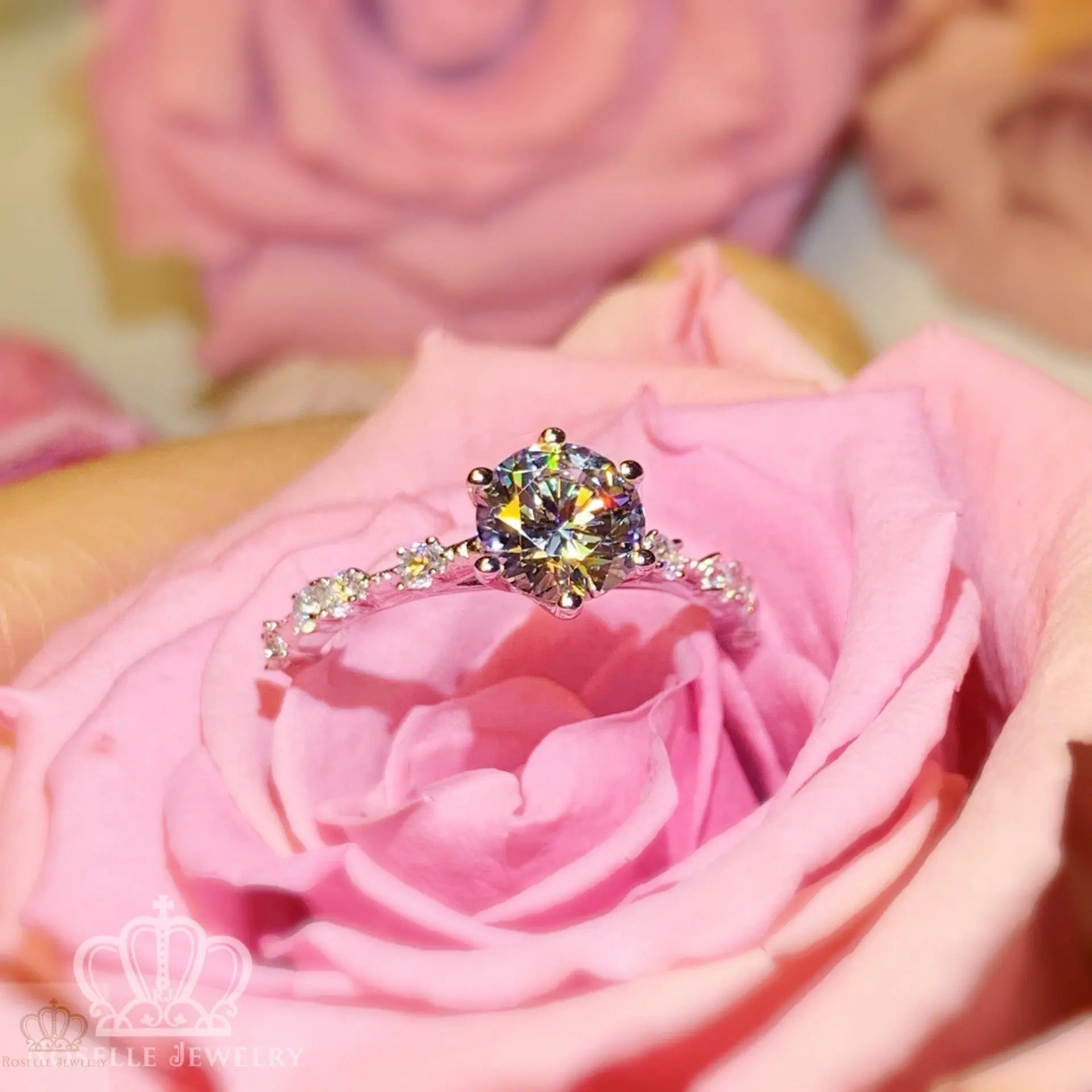 Six Prong Side Stone Engagement Ring - T3 - Roselle Jewelry