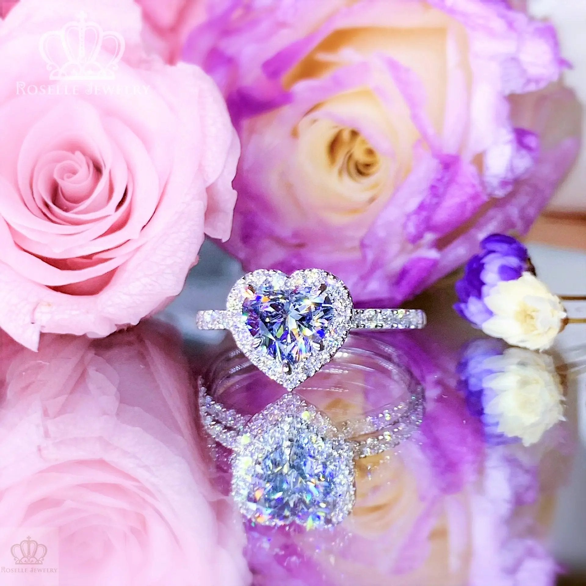 Fancy Blue Heart Shape Lab Grown With Side Stone Halo Engagement Diamond Ring - LGR020 - Roselle Jewelry