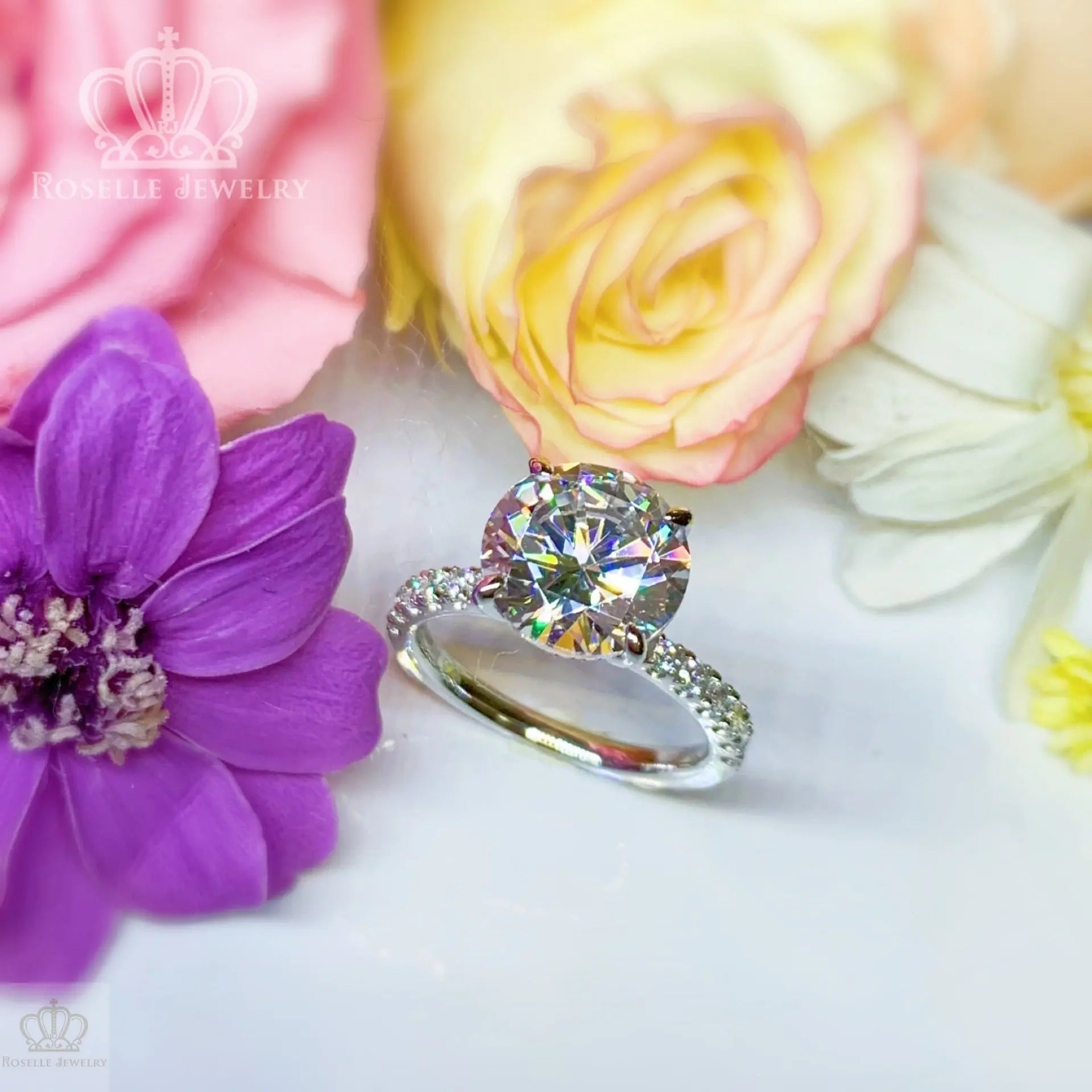 4.00CT Four Prong Side Stone Engagement Ring - T2 - Roselle Jewelry