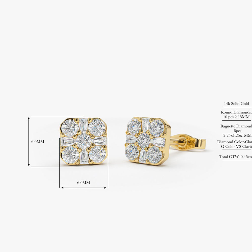 OBFJ1980 - Square Baguette and Round Diamond Earrings earrings in selectable metal and diamond options - Roselle Jewelry view 4