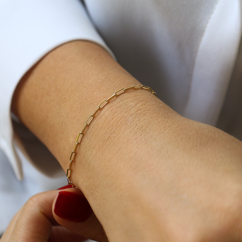 OBFJ2177 - Solid Gold Tiny Paper Clip Link Bracelet bracelets in selectable metal and diamond options - Roselle Jewelry view 3