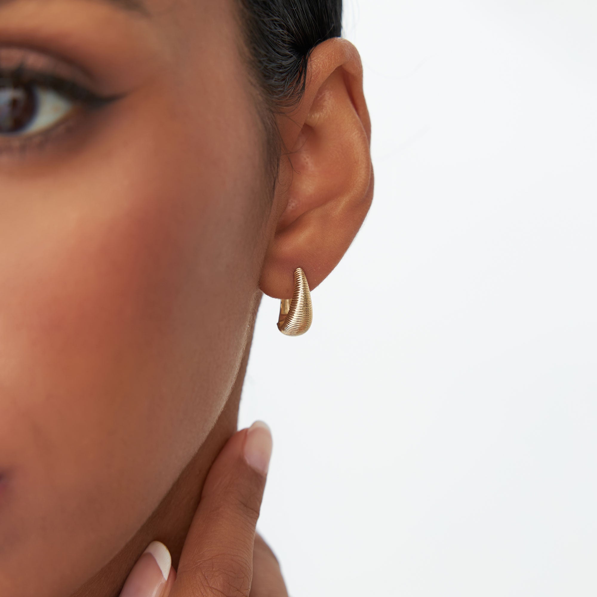 OBFJ1092 - Ribbed Teardrop Hoop Earrings earrings in selectable metal and diamond options - Roselle Jewelry view 2