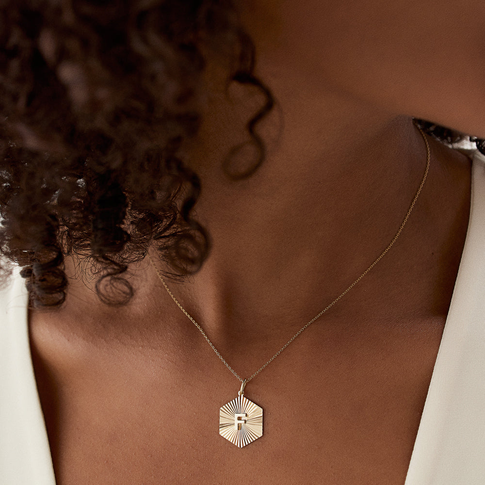 OBFJ1466 - 14k Sparkle Hexagon Disc Initial Necklace 3