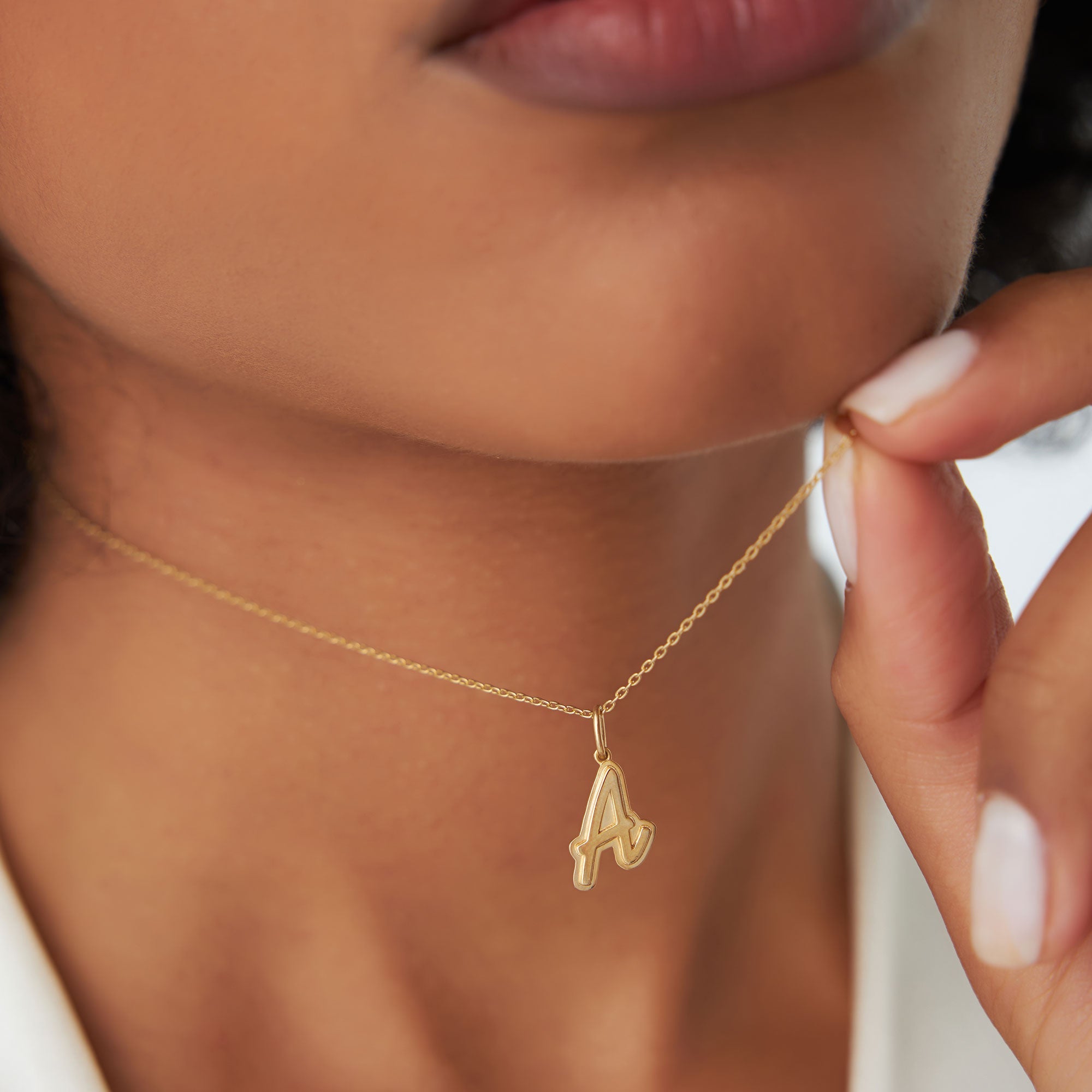 OBFJ1200 - Solid Gold Script Font Initial Layered 3D Necklace necklace in selectable metal and diamond options - Roselle Jewelry view 2