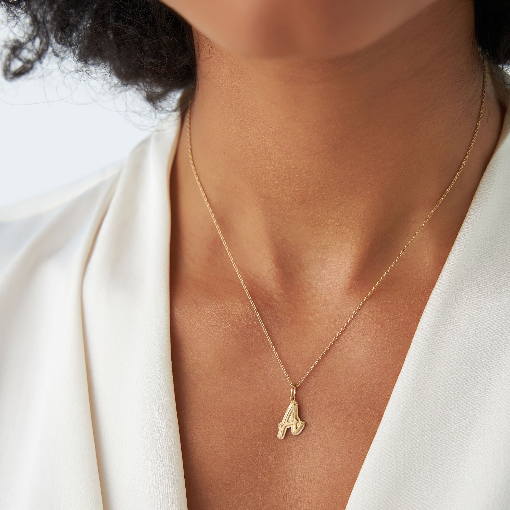 OBFJ1200 - Solid Gold Script Font Initial Layered 3D Necklace necklace in selectable metal and diamond options - Roselle Jewelry view 3