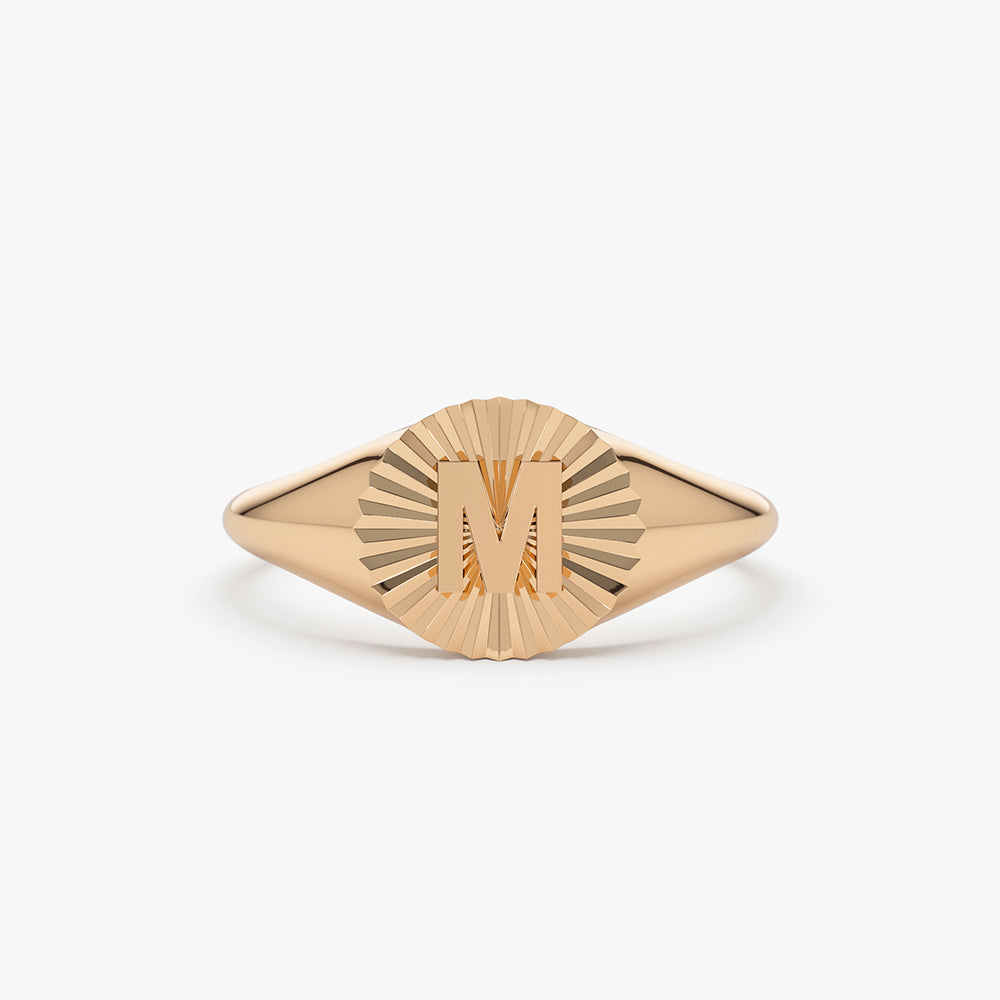 OBFJ1494 - 14k Sunburst Initial Signet Ring 5