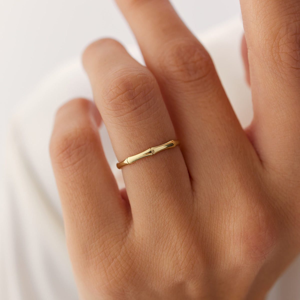 OBFJ1346 - Dainty Minimal Bamboo Gold Ring ring in selectable metal and diamond options - Roselle Jewelry view 2