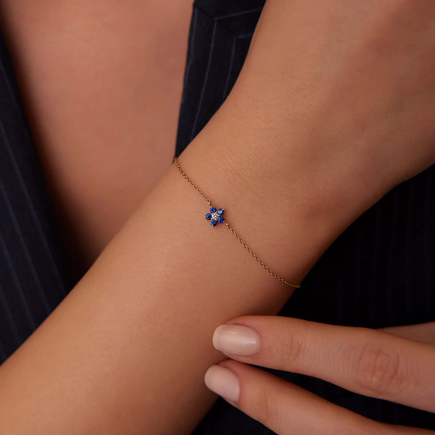 OBFJ1864 - Sapphire and Diamond Flower Charm Bracelet bracelets in selectable metal and diamond options - Roselle Jewelry view 2
