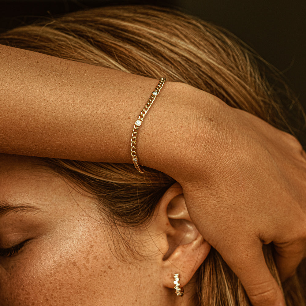 OBFJ1870 - Cuban Link Bracelet w/ Bezel Setting Diamond bracelets in selectable metal and diamond options - Roselle Jewelry view 3