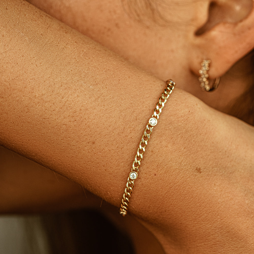 OBFJ1870 - Cuban Link Bracelet w/ Bezel Setting Diamond bracelets in selectable metal and diamond options - Roselle Jewelry view 12