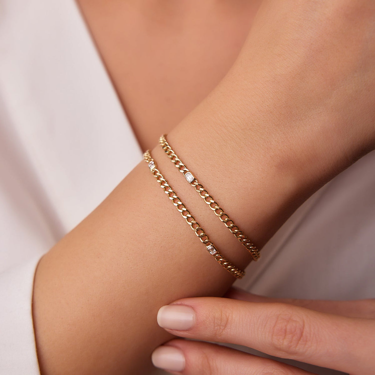 OBFJ2013 - Cuban Link Bracelet w/ Emerald Cut Diamond bracelets in selectable metal and diamond options - Roselle Jewelry view 3