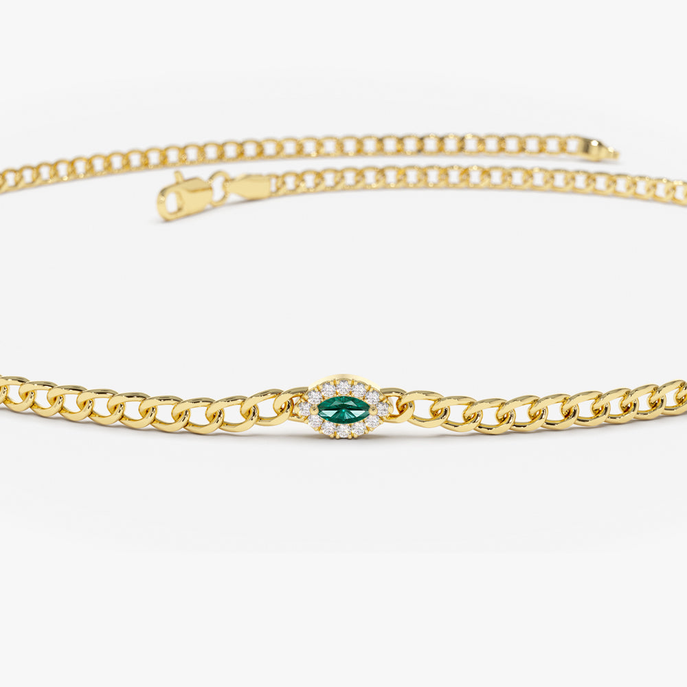 OBFJ2175 - 14k 2MM Curb Link Marquise Emerald Bracelet 6