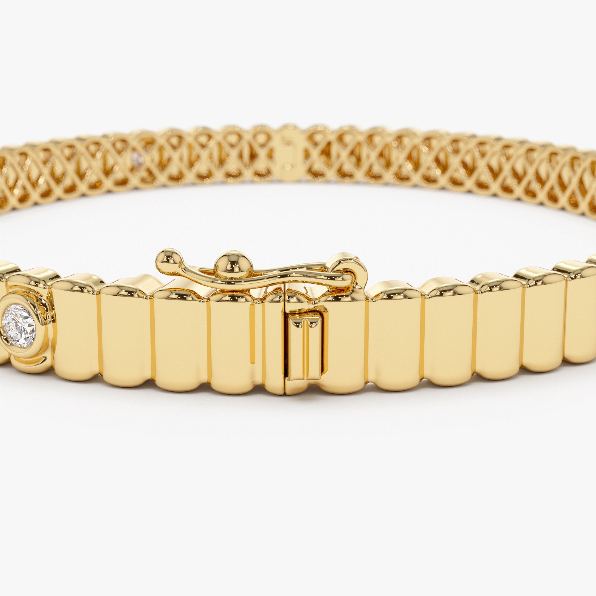 OBFJ1170 - 14k Gold Ribbed Diamond Bangle Bracelet 11