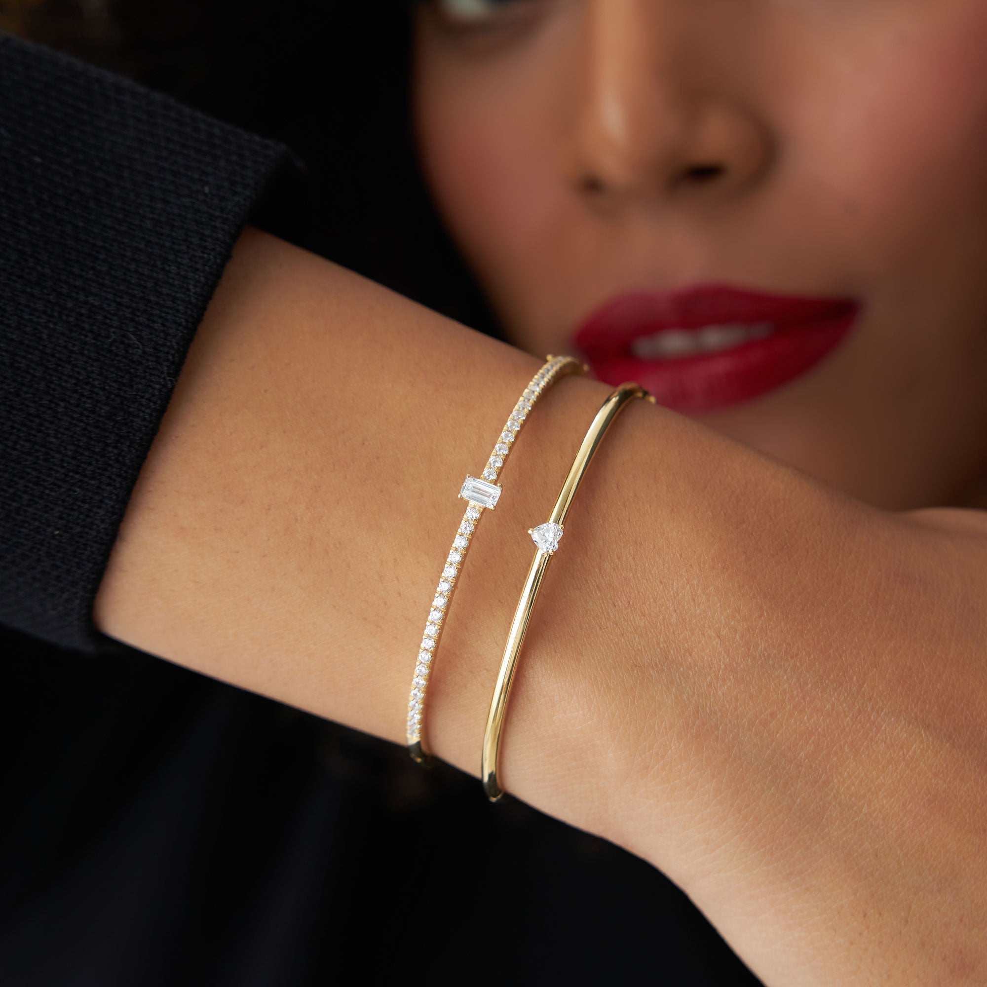 OBFJ1096 - 14k Gold Emerald Cut and Round Diamond Bangle 2