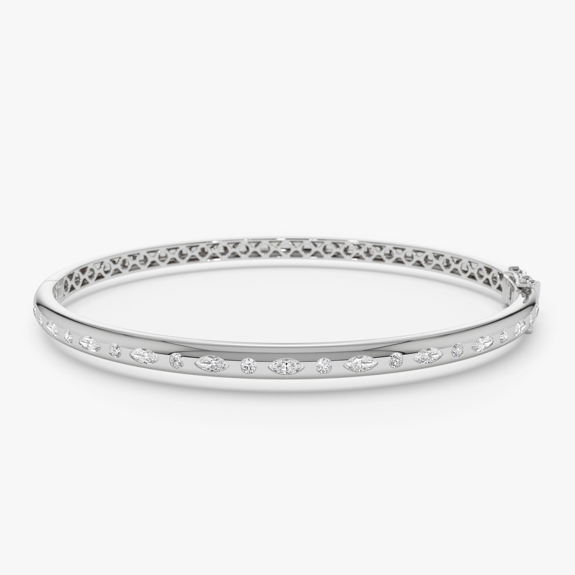 OBFJ1112 - Flush Setting Marquise Shaped and Round Diamond Bangle bracelets in selectable metal and diamond options - Roselle Jewelry view 6