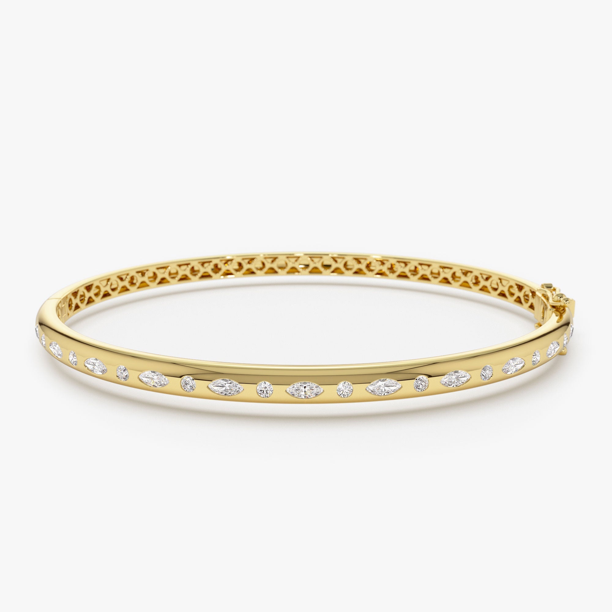 OBFJ1112 - Flush Setting Marquise Shaped and Round Diamond Bangle bracelets in selectable metal and diamond options - Roselle Jewelry view 1