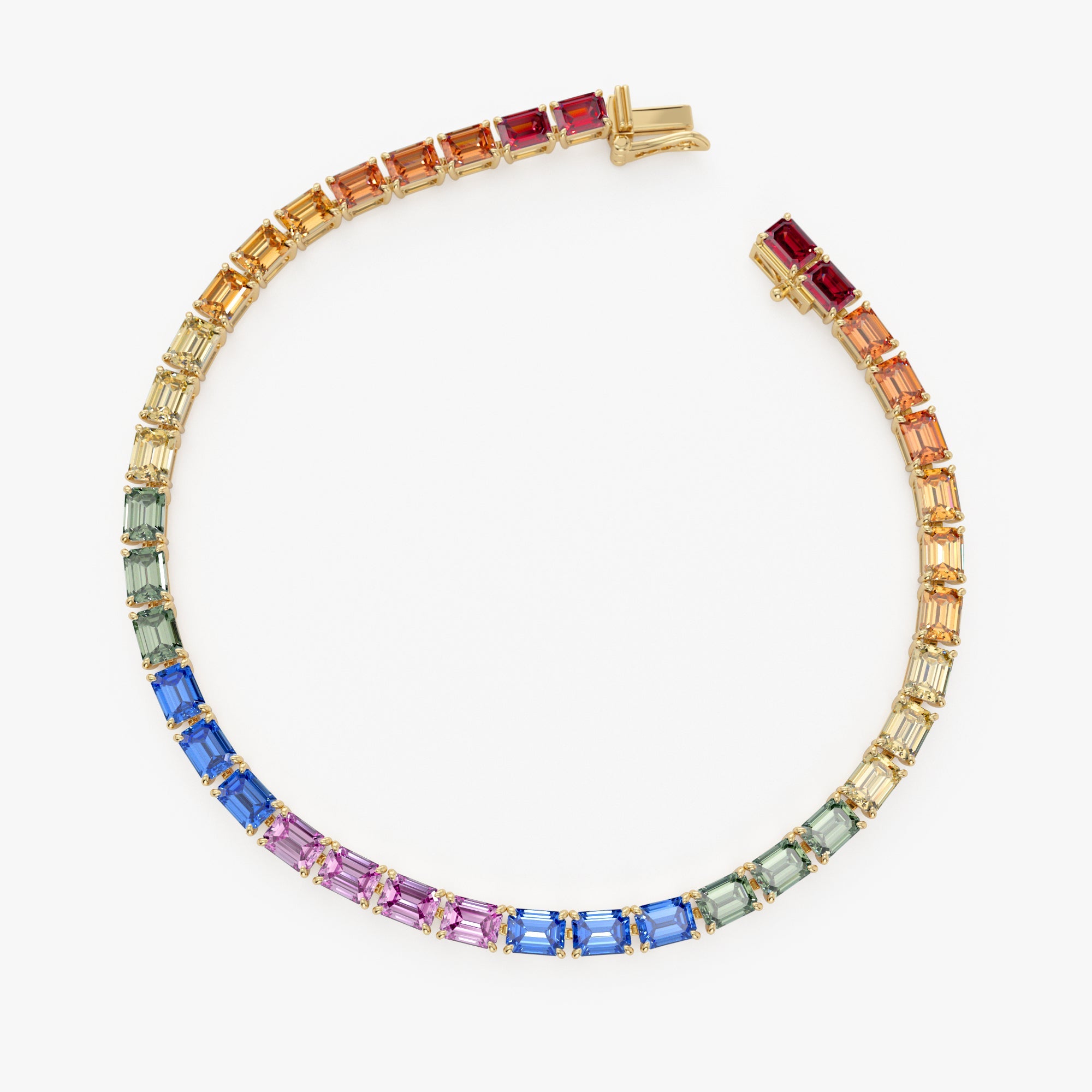OBFJ0038 - 14K Gold Rainbow Emerald Cut Gemstone Tennis Bracelet 6
