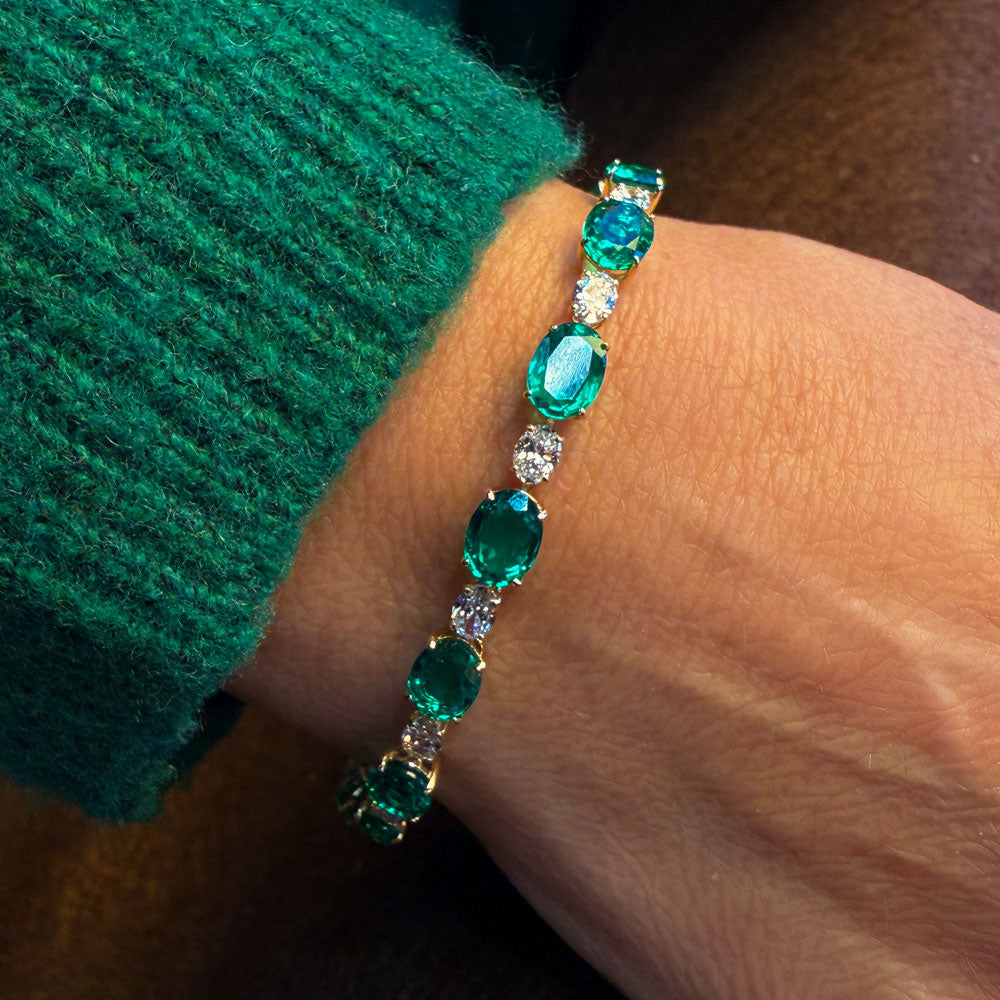 OBFJ0091 - 15.75 ctw 14k Lab Grown Colombian Oval Emerald and Oval Diamond Bracelet - Molly 5