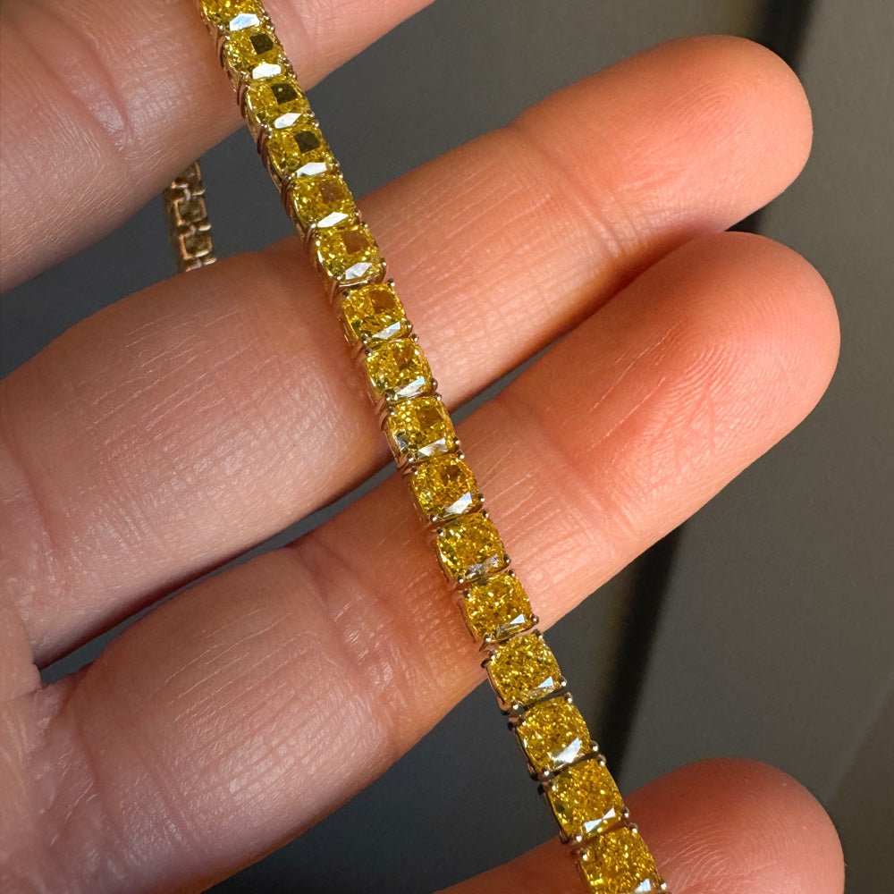 OBFJ0090 - 17.50 ctw 14k Lab Grown Cushion Cut Fancy Vivid Yellow Diamond Tennis Bracelet - Paige 4