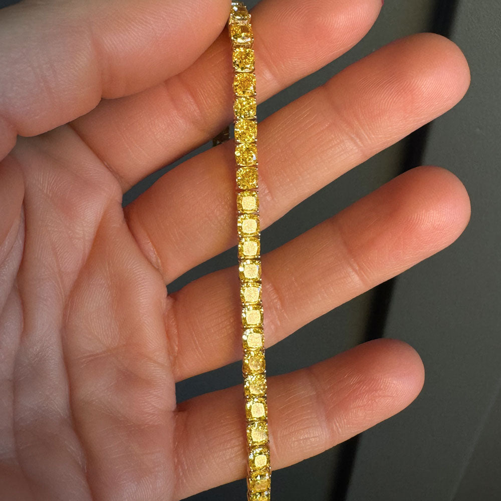OBFJ0344 - 17.50 ctw 14k Lab Grown Cushion Cut Fancy Vivid Yellow Diamond Tennis Bracelet - Paige 3