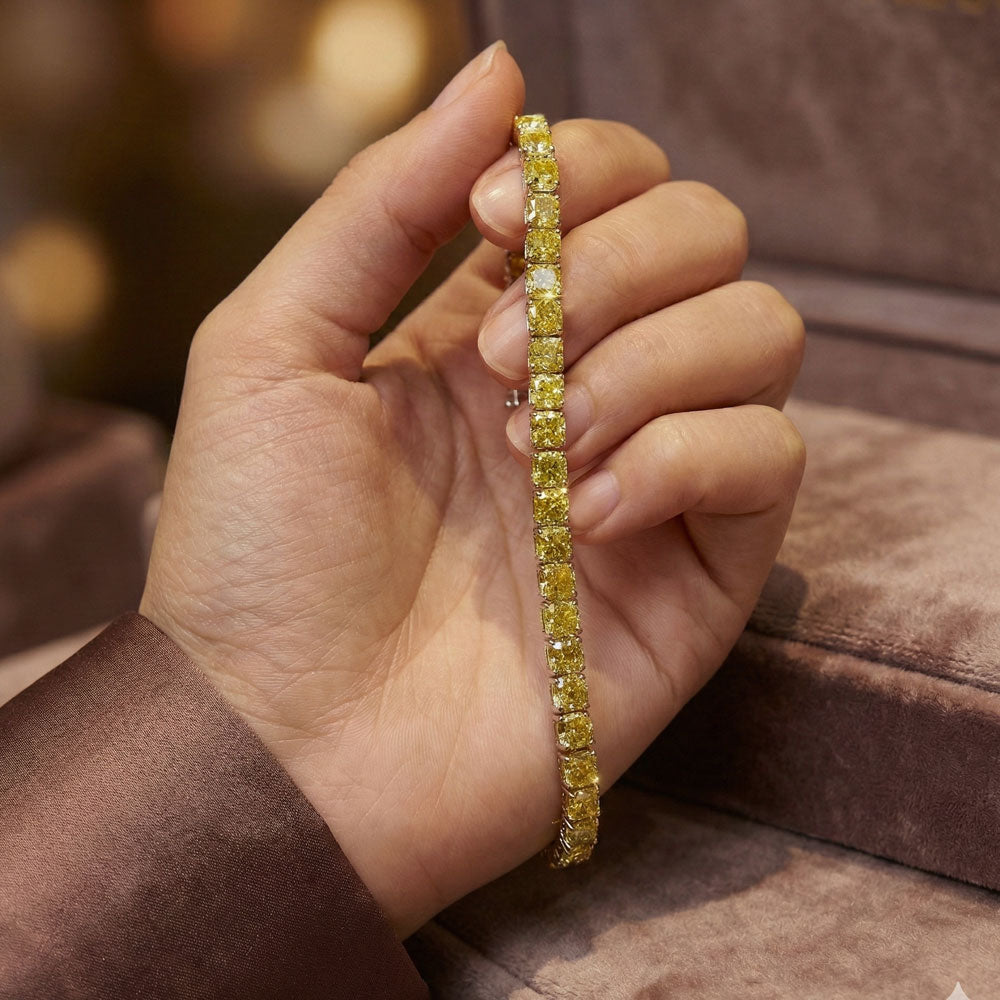 OBFJ0090 - 17.50 ctw 14k Lab Grown Cushion Cut Fancy Vivid Yellow Diamond Tennis Bracelet - Paige 2