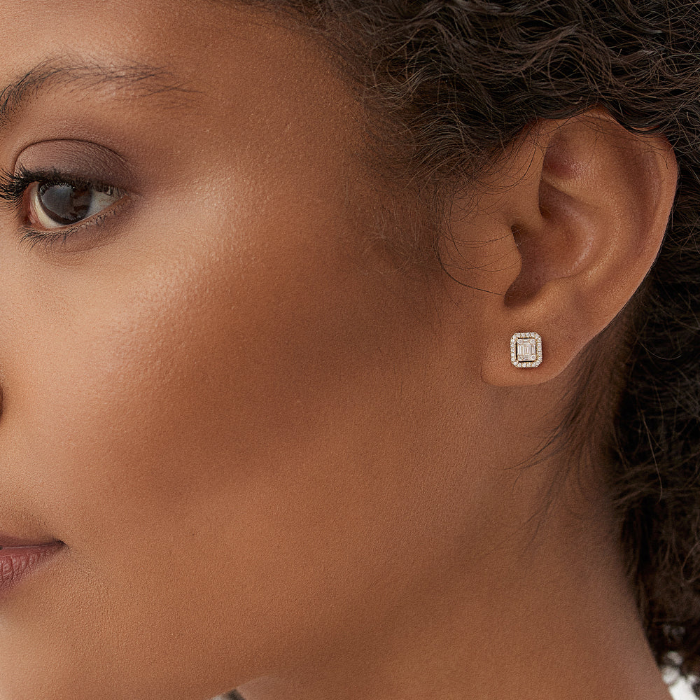 OBFJ0194 - 14k Rose Baguette and Round Diamond Studs Halo Setting 2