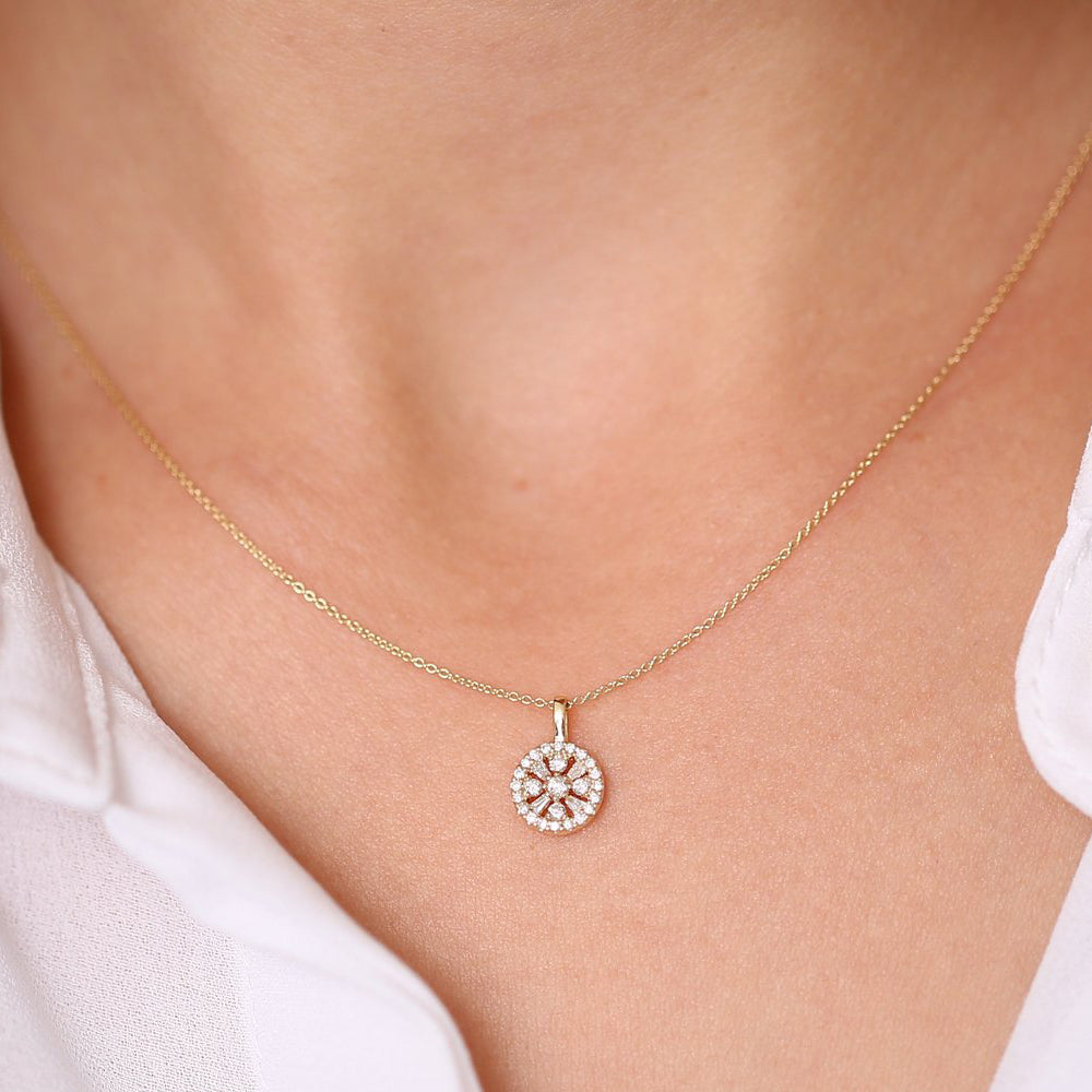 OBFJ1967 - Baguette and Round Diamond Charm Necklace necklace in selectable metal and diamond options - Roselle Jewelry view 2