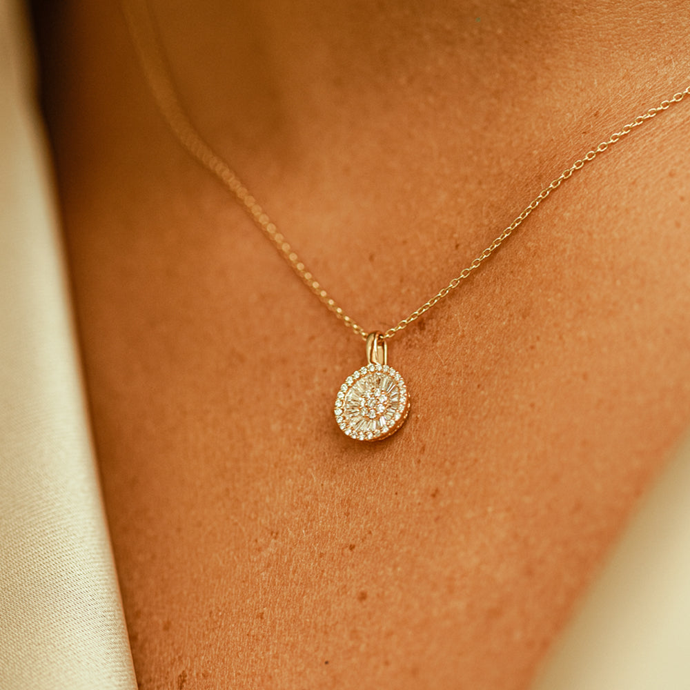OBFJ0215 - Rose Baguette Diamond Disc Cluster Necklace necklace in selectable metal and diamond options - Roselle Jewelry view 2
