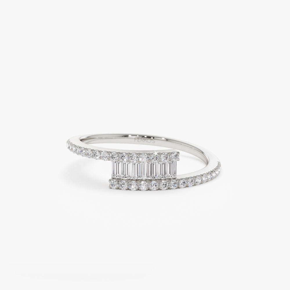 OBFJ1041 - Cross Over Baguette Diamond Ring with Pave Diamonds ring in selectable metal and diamond options - Roselle Jewelry view 6