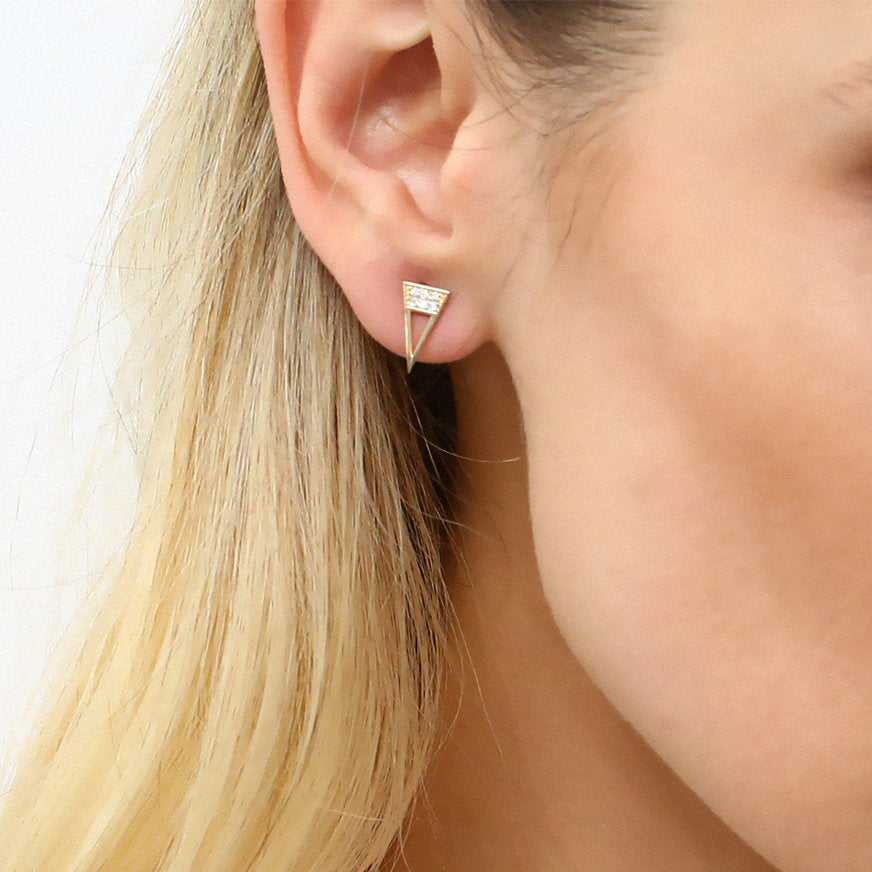 OBFJ1655 - Elongated Triangle Earrings with Micro Pave Diamonds earrings in selectable metal and diamond options - Roselle Jewelry view 2