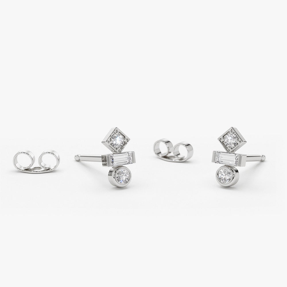 OBFJ1578 - 14K Gold Baguette and Round Cut Mix Diamond Earrings 6