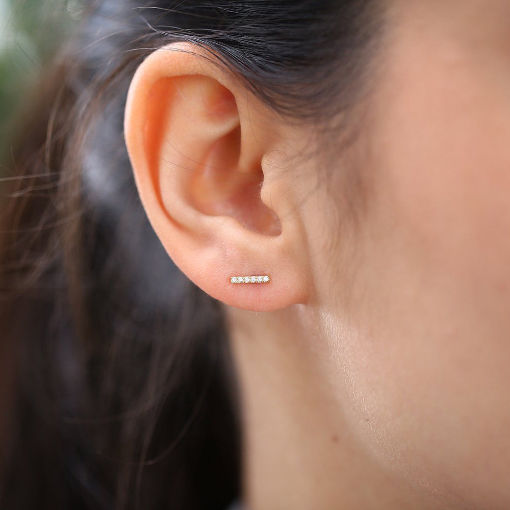 OBFJ0133 - 14K Rose Gold Diamond Bar Stud Earrings 4