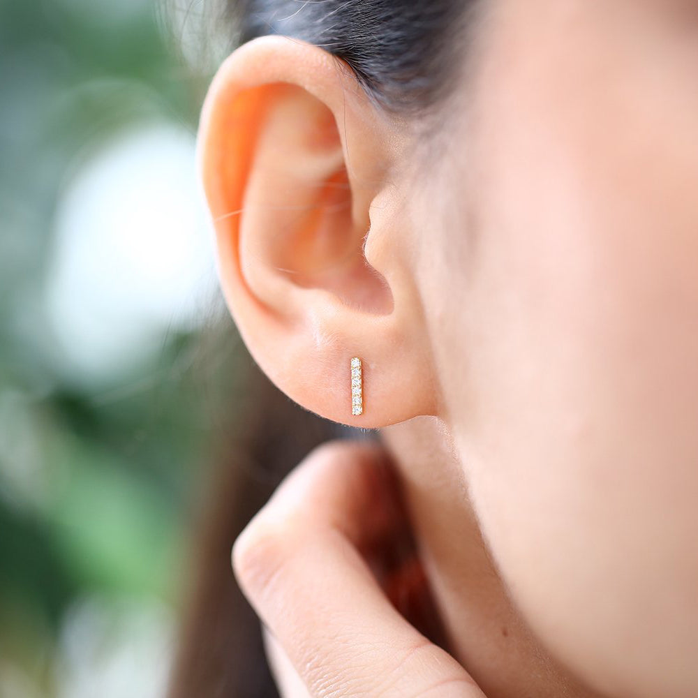 OBFJ0133 - 14K Rose Gold Diamond Bar Stud Earrings 2