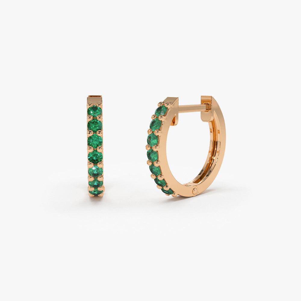 OBFJ1844 - Emerald Huggie Hoop Earrings earrings in selectable metal and diamond options - Roselle Jewelry view 5