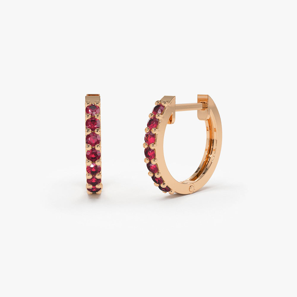 OBFJ1858 - 14K Gold Ruby Huggie Hoop Earrings 6