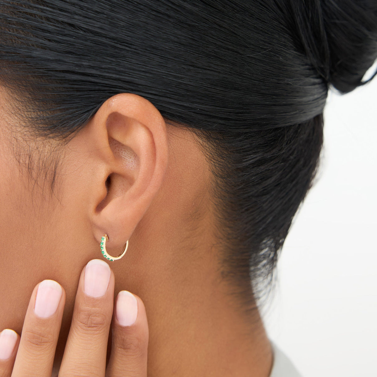 OBFJ1844 - Emerald Huggie Hoop Earrings earrings in selectable metal and diamond options - Roselle Jewelry view 4