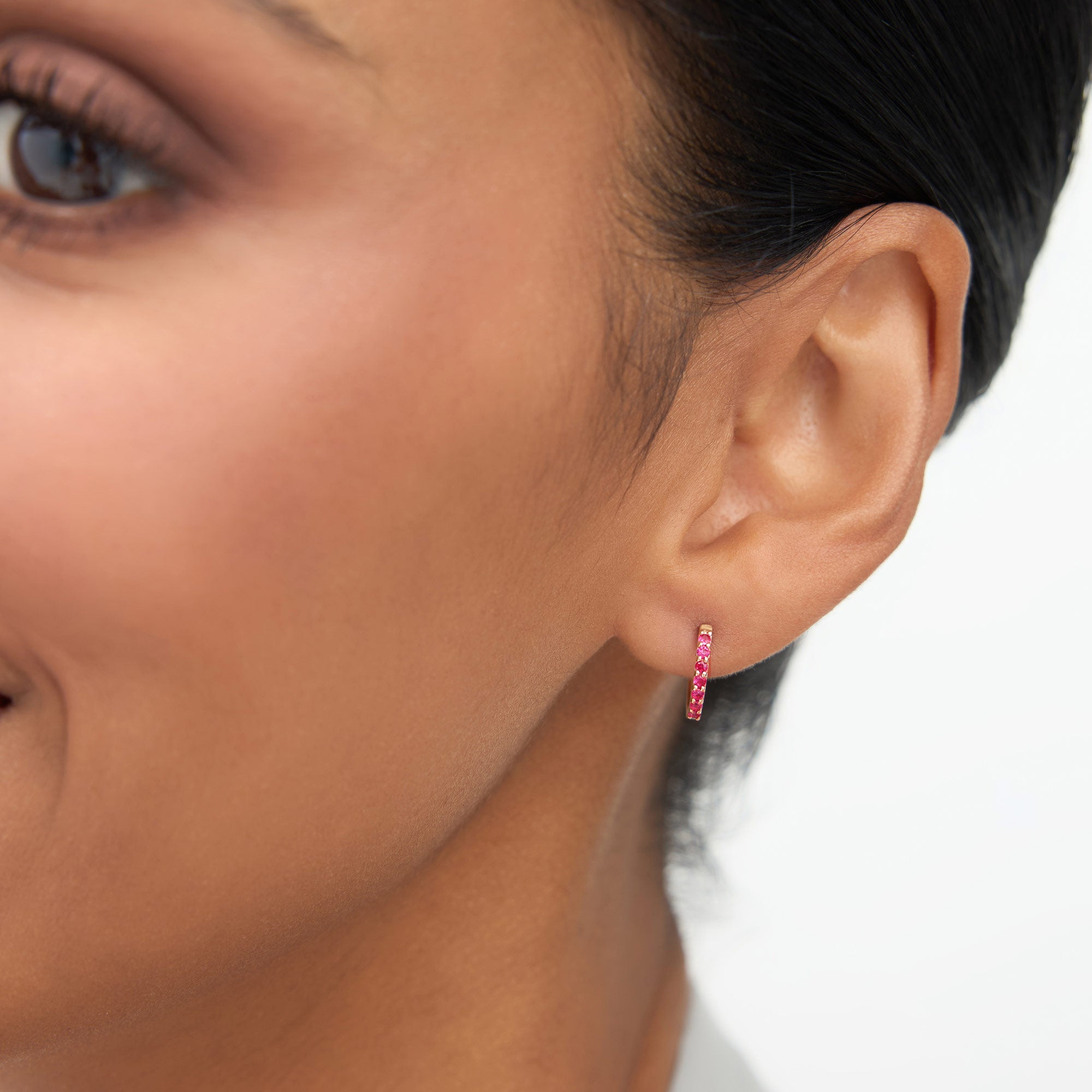 OBFJ1858 - 14K Gold Ruby Huggie Hoop Earrings 2