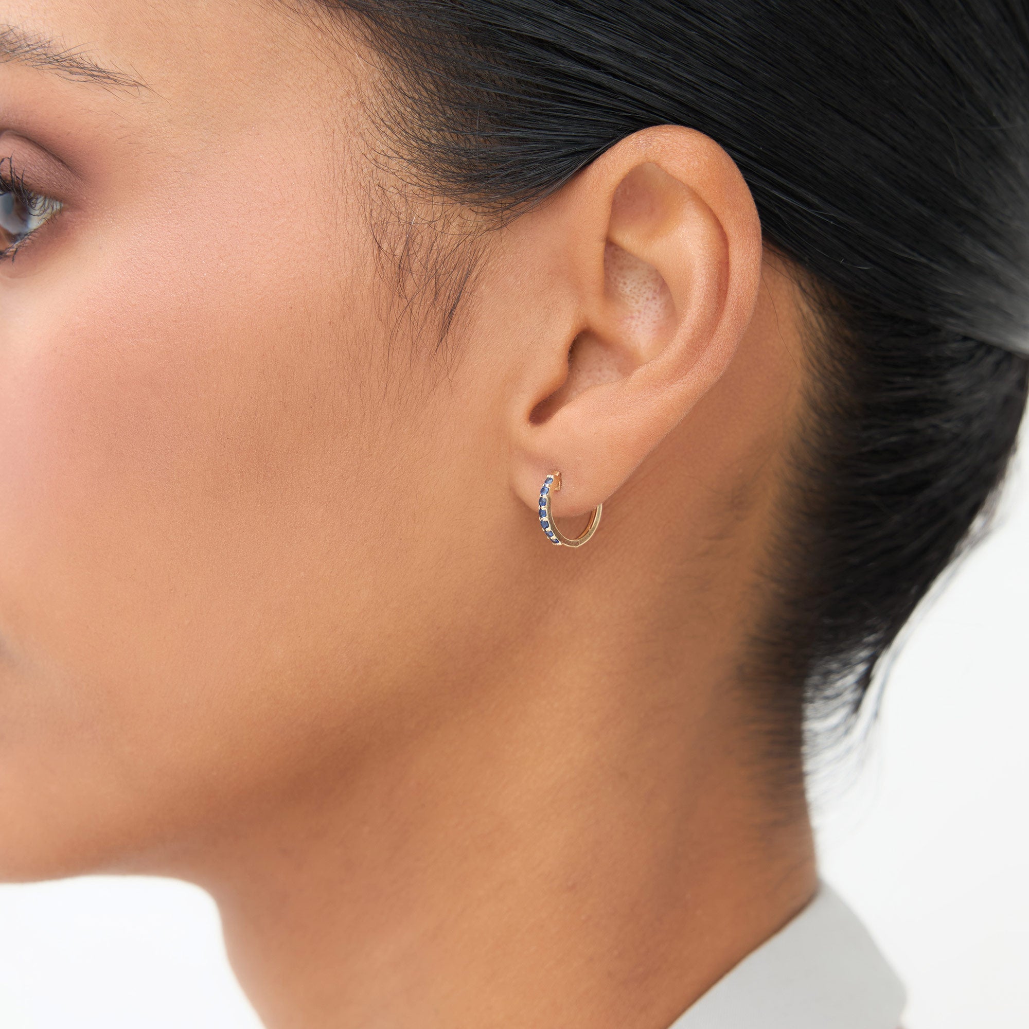 OBFJ1866 - Sapphire Huggie Hoop Earrings earrings in selectable metal and diamond options - Roselle Jewelry view 4