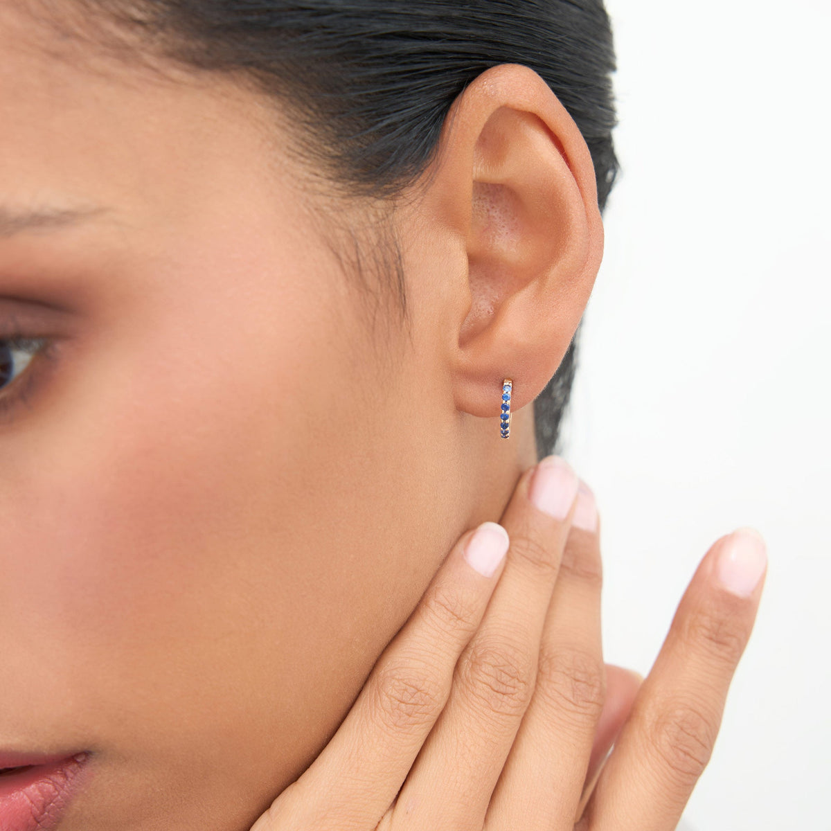 OBFJ1866 - Sapphire Huggie Hoop Earrings earrings in selectable metal and diamond options - Roselle Jewelry view 2
