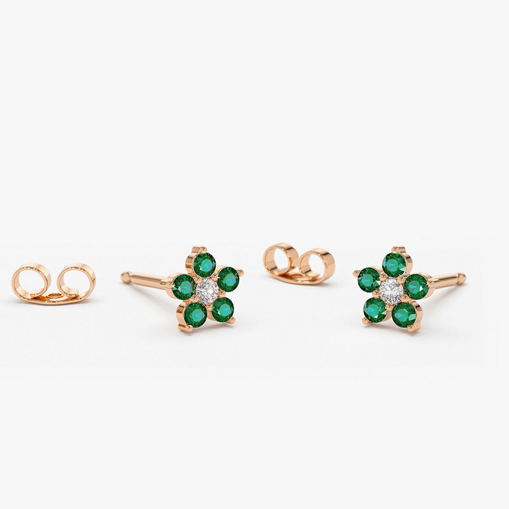 OBFJ1843 - 14K Emerald and Diamond Flower Studs 5