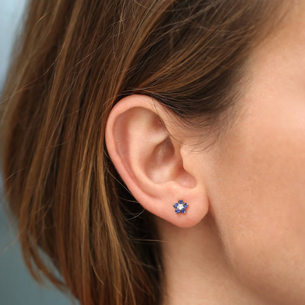 OBFJ1865 - 14k Sapphire and Diamond Flower Studs 4