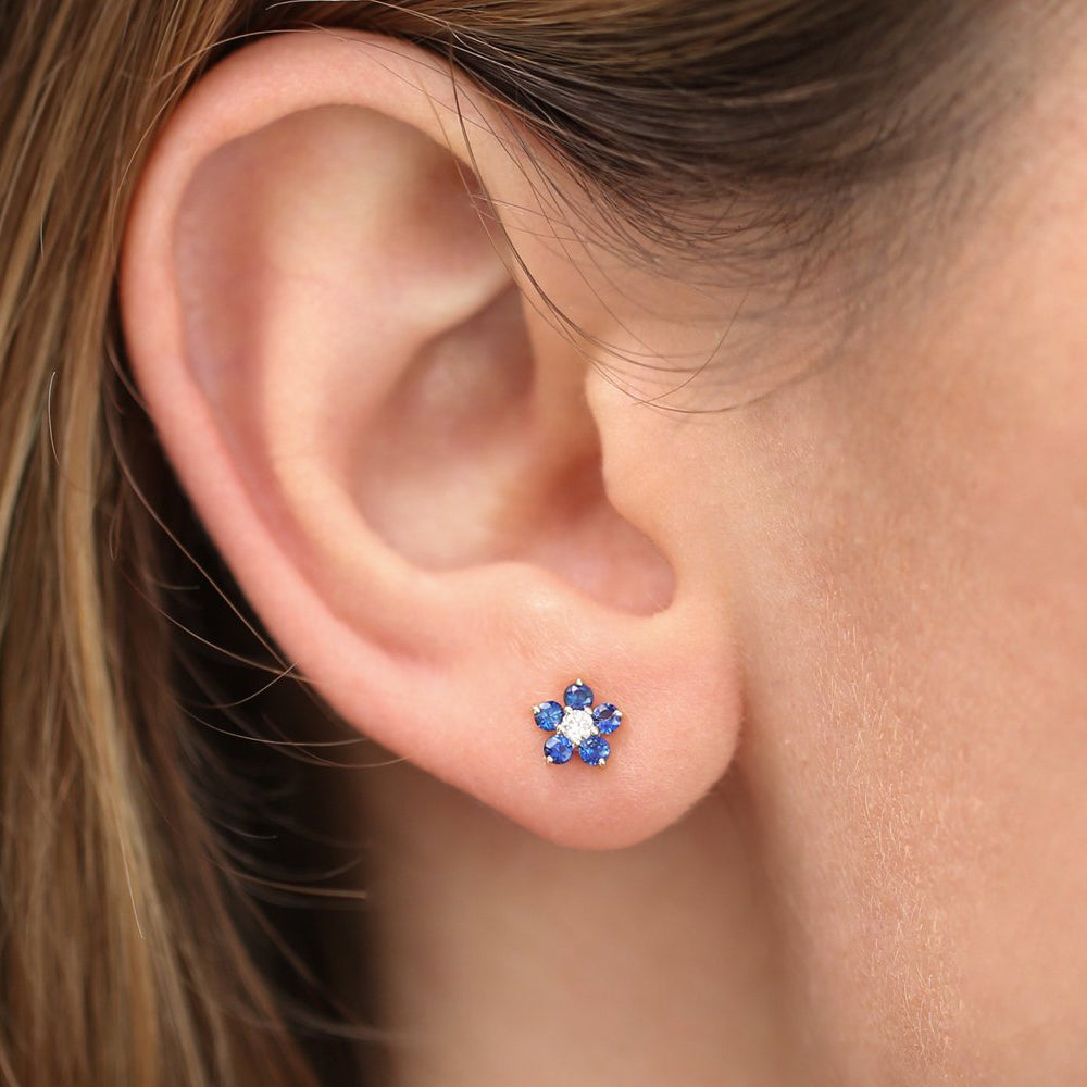 OBFJ1865 - 14k Sapphire and Diamond Flower Studs 3