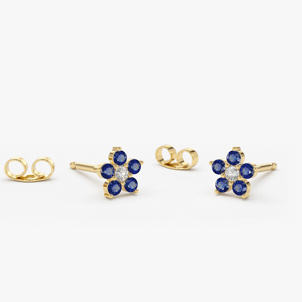 OBFJ1865 - 14k Sapphire and Diamond Flower Studs 1