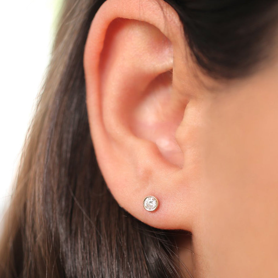 OBFJ1976 - Bezel Setting Round Diamond Studs earrings in selectable metal and diamond options - Roselle Jewelry view 2