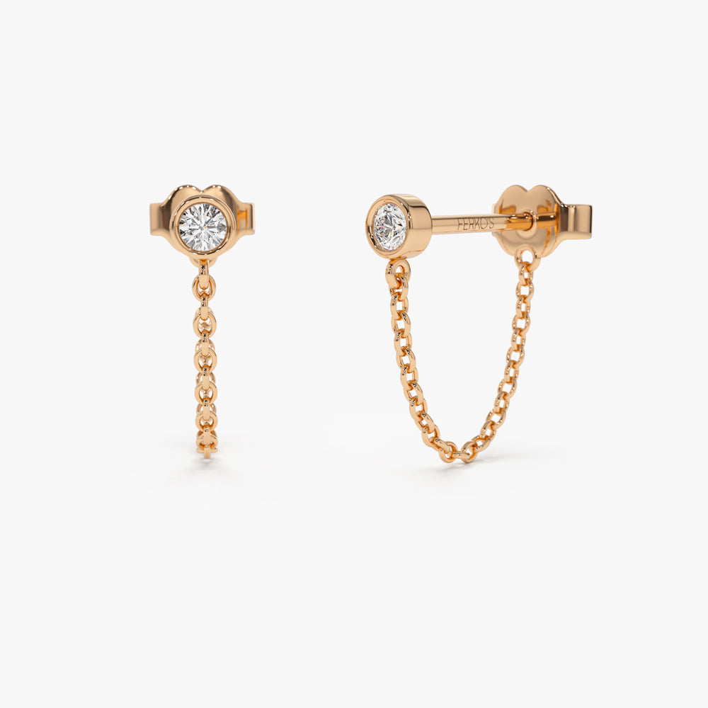 OBFJ0181 - 14k Rose Bezel Setting Diamond Studs Chain Earrings 1
