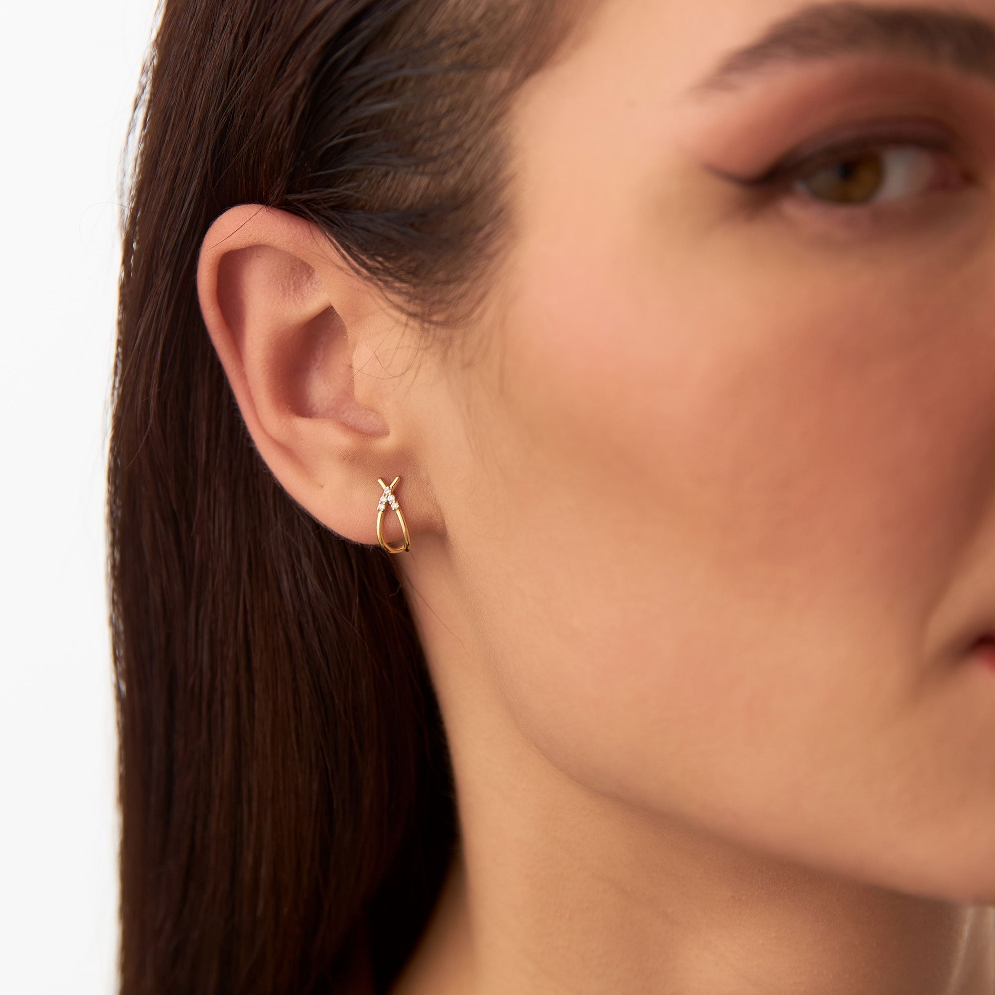 OBFJ1306 - Criss Cross Half Hoop Diamond Stud earrings in selectable metal and diamond options - Roselle Jewelry view 3