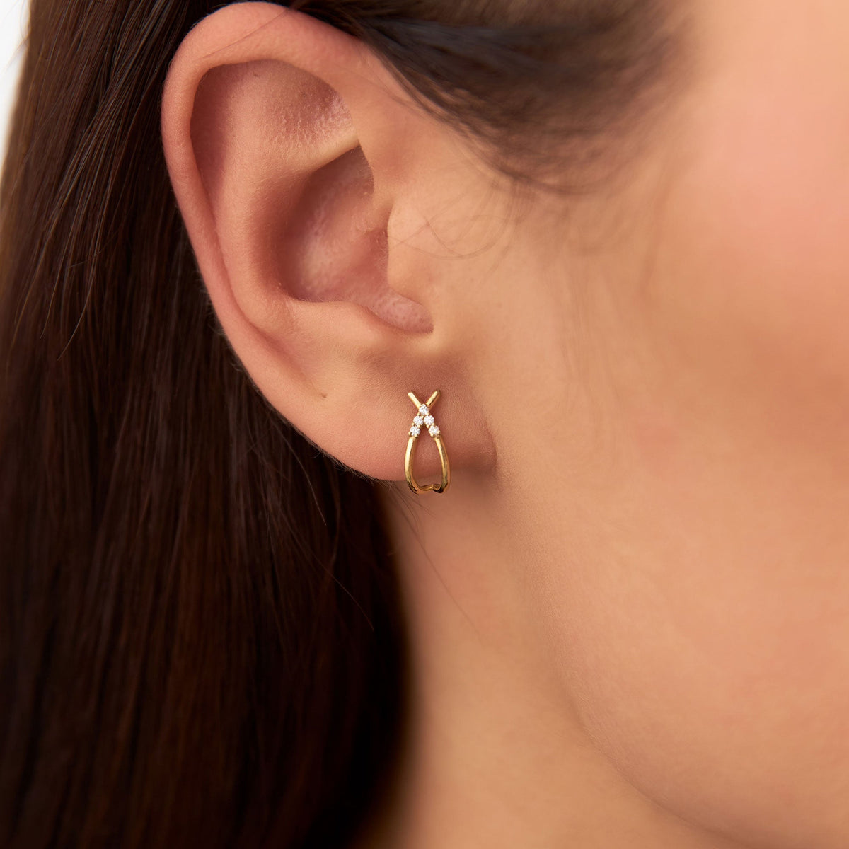 OBFJ1306 - Criss Cross Half Hoop Diamond Stud earrings in selectable metal and diamond options - Roselle Jewelry view 2