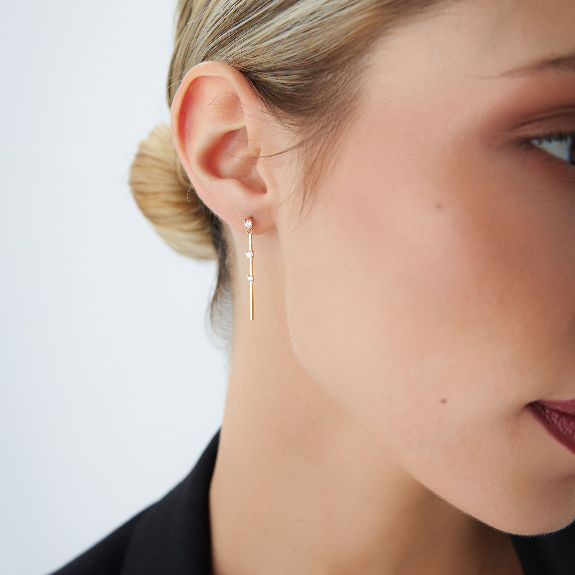 OBFJ1234 - 14K Linear Bar Triple Diamond Drop Earrings 2